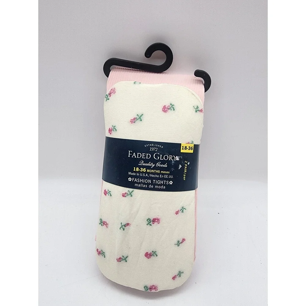 Faded Glory Toddler Girls 2 Pack Tights Pink Floral Ribbed 18-36 Months USA Made